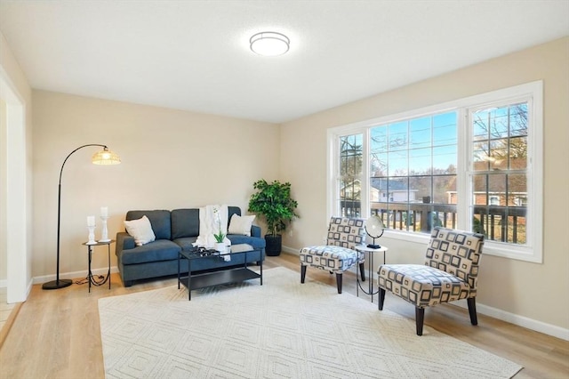 living area featuring baseboards and light wood finished floors