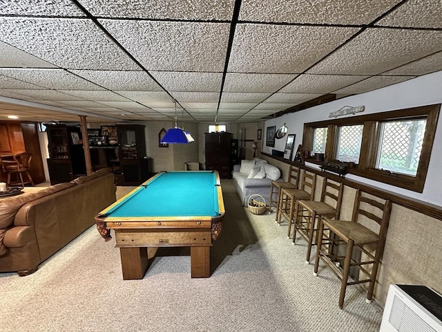 rec room with carpet flooring, a drop ceiling, and billiards