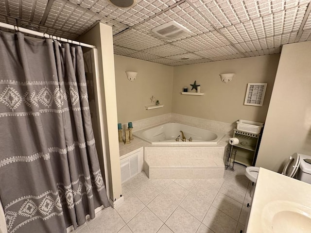 bathroom with a bath, visible vents, tile patterned flooring, a sink, and a shower with shower curtain