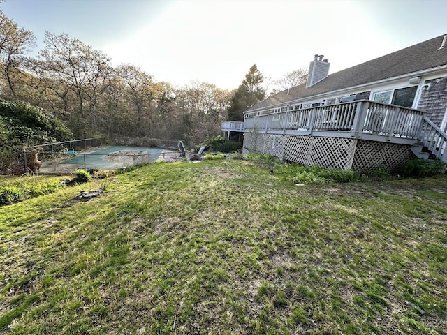 view of yard with a fenced in pool and a wooden deck