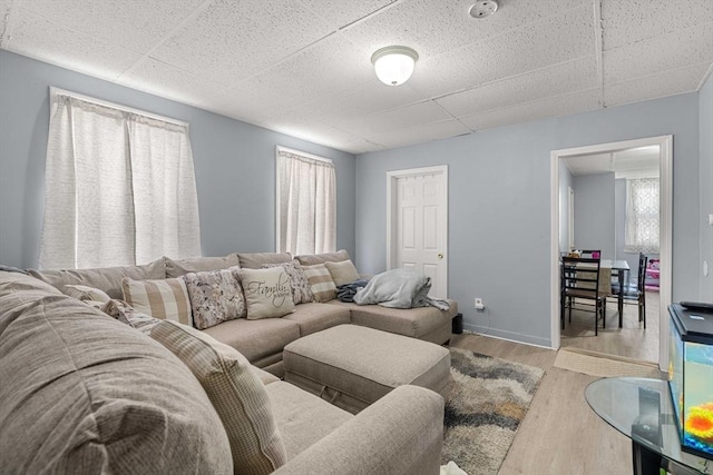 living area with a wealth of natural light, light wood-style flooring, baseboards, and a drop ceiling