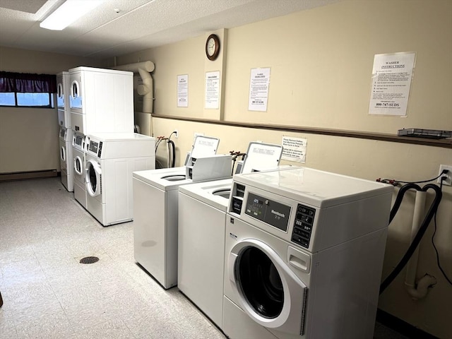 shared laundry area with light floors, washing machine and dryer, and stacked washer and clothes dryer