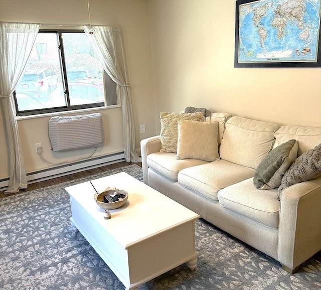 living room featuring dark wood-style flooring, an AC wall unit, baseboard heating, and baseboards