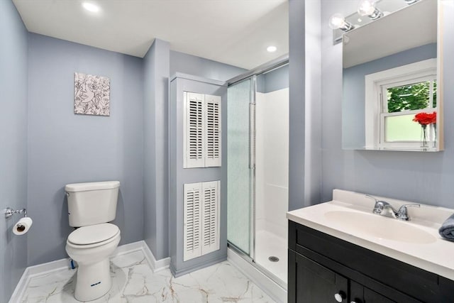 448 Washington St, Warren, MA 01083 - full bathroom featuring a stall shower, vanity, marble look tile flooring, and recessed lighting