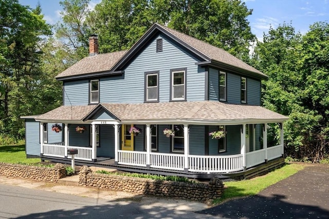 448 Washington St, Warren, MA 01083 - farmhouse inspired home with roof with shingles, covered porch, and a chimney