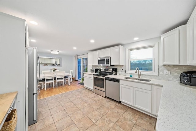 kitchen featuring white cabinetry, sink, backsplash, and appliances with stainless steel finishes