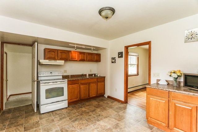 109 Bacon Rd, Springfield, MA 01119 - kitchen with electric stove, baseboard heating, under cabinet range hood, stainless steel microwave, and brown cabinetry