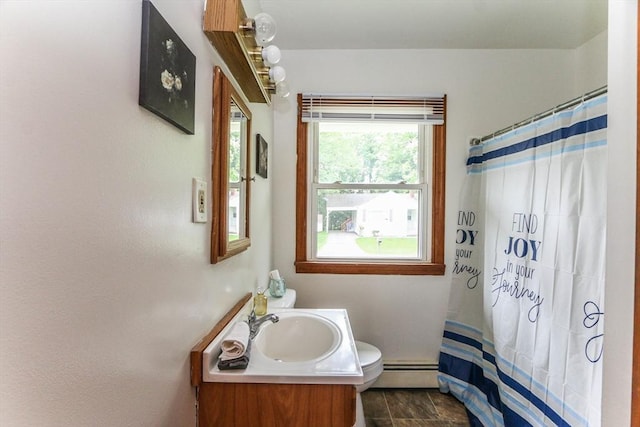 109 Bacon Rd, Springfield, MA 01119 - bathroom with a baseboard heating unit, vanity, and curtained shower