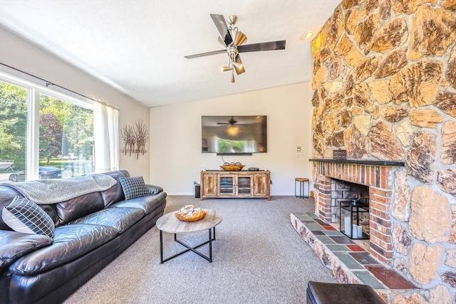 159 School St, Granby, MA 01033 - living area with carpet floors, ceiling fan, lofted ceiling, baseboards, and a fireplace
