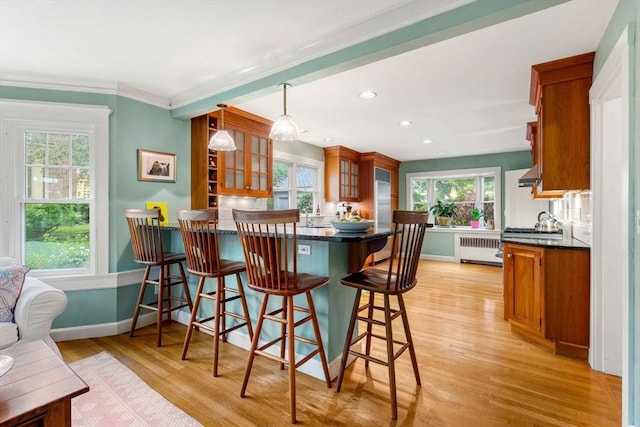 9 Palmer Rd, Marblehead, MA 01945 - kitchen with radiator heating unit, brown cabinets, baseboards, a breakfast bar, and light wood-style flooring