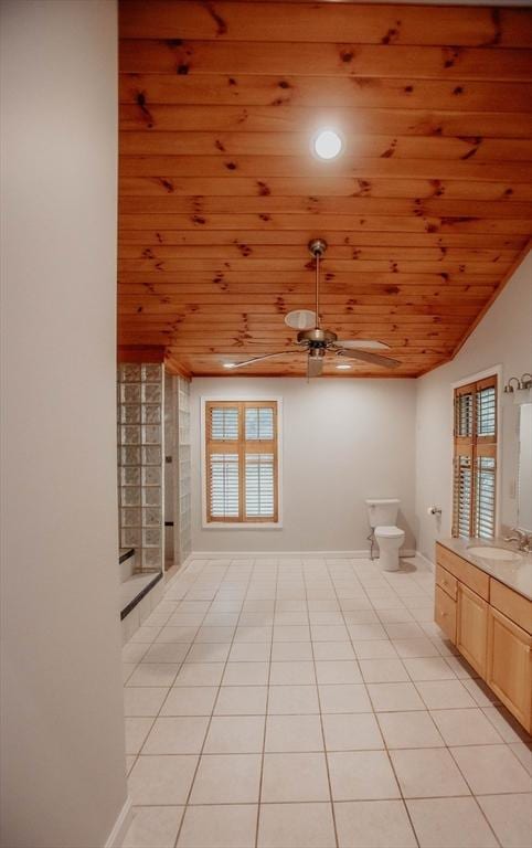 251 Butterworth Rd, Barre, MA 01005 - bathroom with wood ceiling, vanity, tile patterned floors, a ceiling fan, and vaulted ceiling