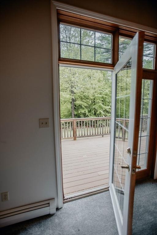 251 Butterworth Rd, Barre, MA 01005 - doorway to outside with a baseboard radiator, carpet, and french doors