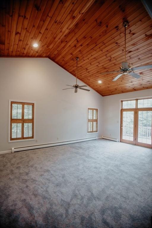 251 Butterworth Rd, Barre, MA 01005 - empty room with ceiling fan, wood ceiling, carpet floors, recessed lighting, and baseboard heating