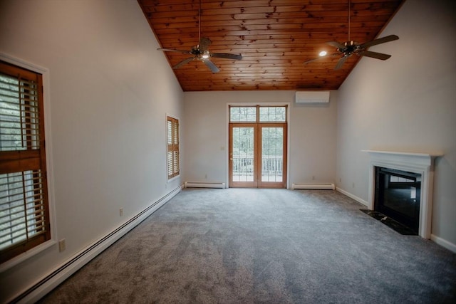251 Butterworth Rd, Barre, MA 01005 - unfurnished living room with a ceiling fan, wooden ceiling, a baseboard radiator, carpet flooring, and high vaulted ceiling