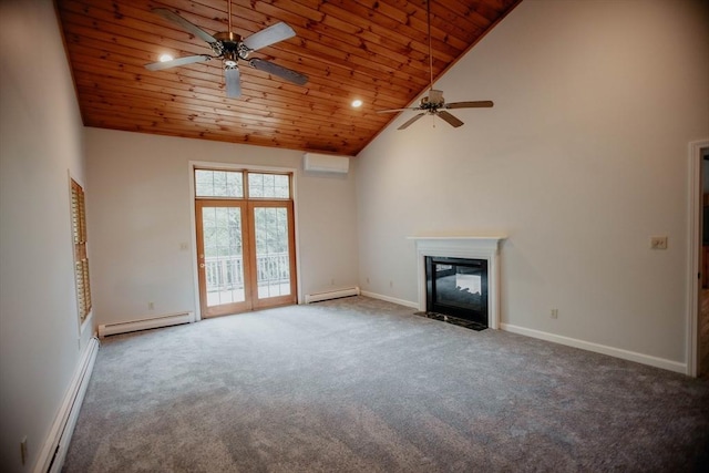 251 Butterworth Rd, Barre, MA 01005 - unfurnished living room with a ceiling fan, a baseboard radiator, a wall unit AC, wooden ceiling, and high vaulted ceiling
