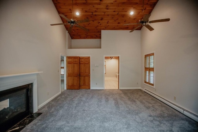 251 Butterworth Rd, Barre, MA 01005 - unfurnished living room with a baseboard heating unit, a ceiling fan, high vaulted ceiling, wood ceiling, and carpet floors