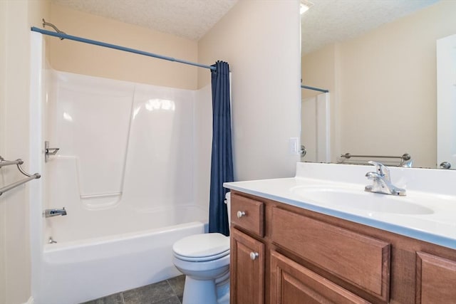 full bathroom featuring a textured ceiling, toilet, shower / bath combination with curtain, and vanity