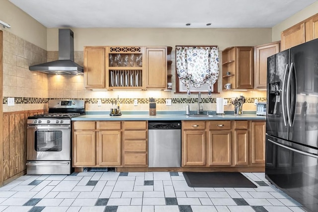 16 Pacific St, Lynn, MA 01902 - kitchen with stainless steel appliances, wall chimney range hood, open shelves, and decorative backsplash