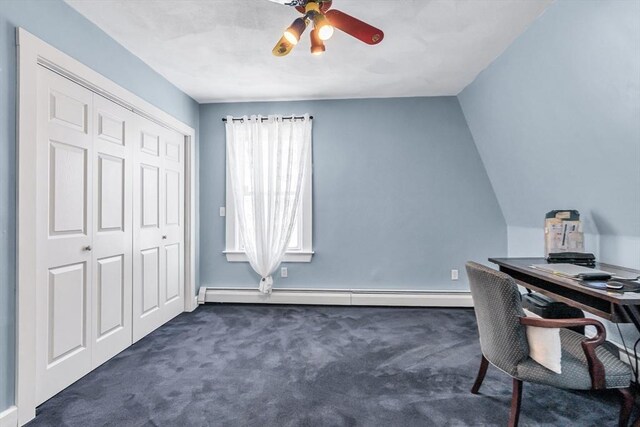 16 Pacific St, Lynn, MA 01902 - home office featuring dark carpet, a ceiling fan, and a baseboard radiator