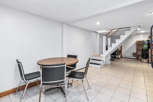 16 Pacific St, Lynn, MA 01902 - dining space with stairway, recessed lighting, a baseboard radiator, and light tile patterned flooring