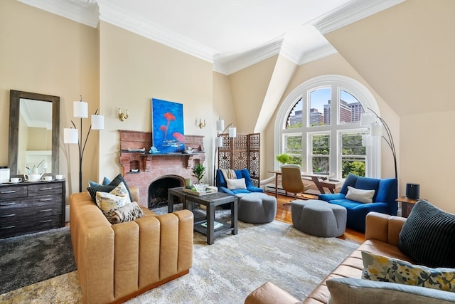 living room featuring a fireplace and ornamental molding