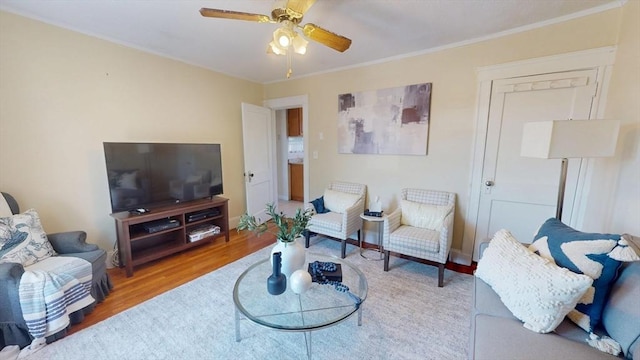 31-33 Harvard St, Medford, MA 02155 - living room featuring wood finished floors, a ceiling fan, and ornamental molding