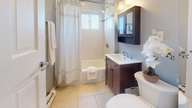 31-33 Harvard St, Medford, MA 02155 - bathroom with baseboard heating, shower / bath combo, vanity, and tile patterned flooring