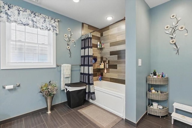 544 Main St, Stoneham, MA 02180 - full bathroom featuring baseboards, shower / bathtub combination with curtain, and recessed lighting