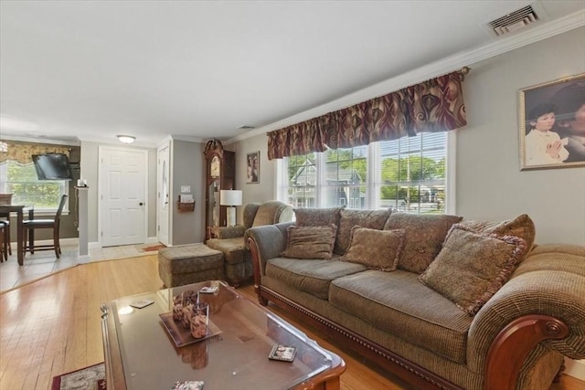 544 Main St, Stoneham, MA 02180 - living room with crown molding, plenty of natural light, and light wood finished floors