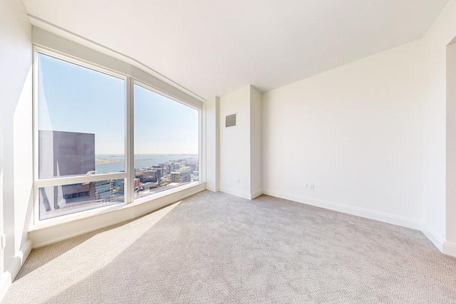 carpeted empty room with a water view