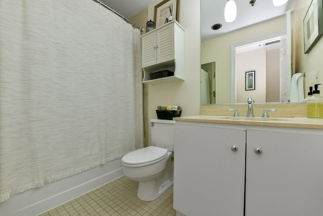 full bathroom with shower / tub combo, tile patterned flooring, vanity, and toilet