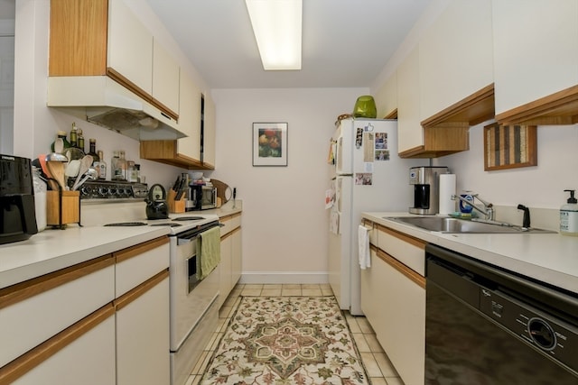 kitchen with light tile patterned floors, white cabinets, sink, and white appliances