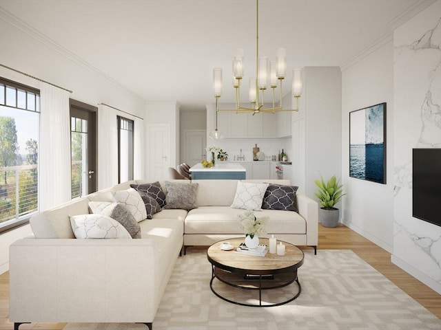 living room with ornamental molding, light wood-style flooring, baseboards, and an inviting chandelier