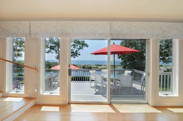 doorway to outside featuring wood-type flooring, a water view, and a wealth of natural light