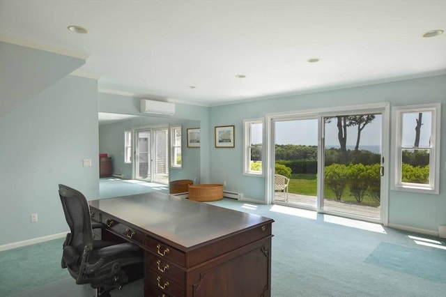 carpeted home office featuring crown molding, an AC wall unit, and a baseboard heating unit