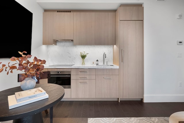 kitchen with light brown cabinetry, stainless steel oven, dark wood-type flooring, and sink