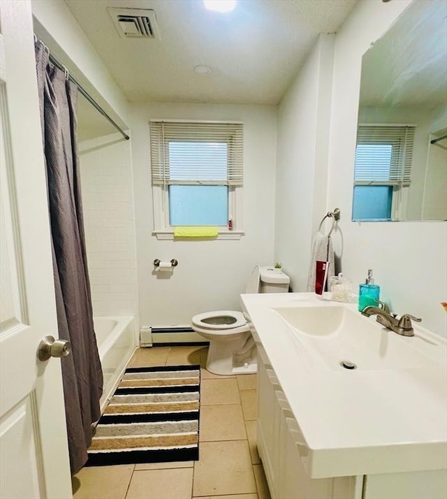 full bath featuring tile patterned flooring, toilet, shower / tub combo, visible vents, and baseboard heating