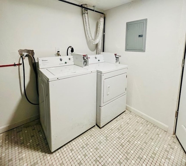 laundry room with laundry area, electric panel, baseboards, and washing machine and clothes dryer