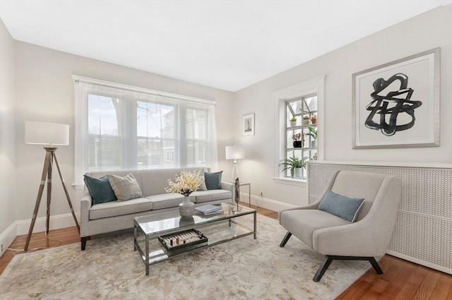 living area featuring wood finished floors and baseboards