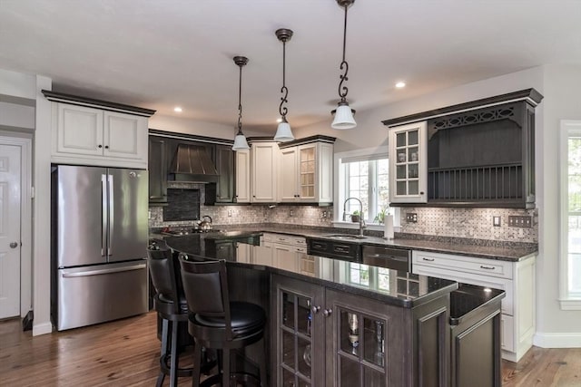 5 Warner Way, Canton, MA 02021 - kitchen featuring appliances with stainless steel finishes, a sink, dark wood finished floors, glass insert cabinets, and a center island