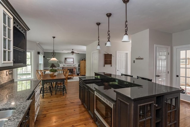 5 Warner Way, Canton, MA 02021 - kitchen with stainless steel microwave, ceiling fan, wood-type flooring, decorative light fixtures, and backsplash