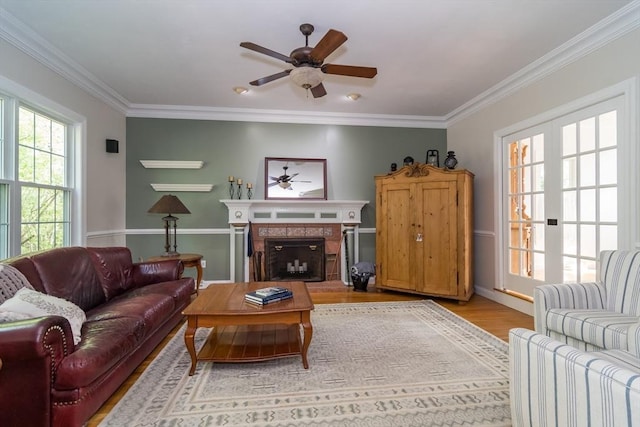 5 Warner Way, Canton, MA 02021 - living area with ceiling fan, ornamental molding, light wood-style floors, and a fireplace