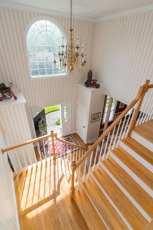 5 Warner Way, Canton, MA 02021 - stairway with wallpapered walls, wood finished floors, ornamental molding, and a chandelier