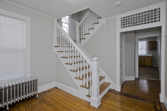 stairs with hardwood / wood-style flooring, crown molding, radiator, and sink