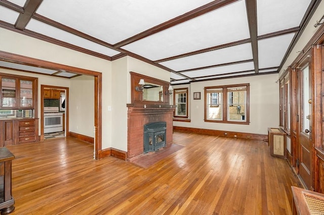 89 Merrill Ave, Lowell, MA 01850 - unfurnished living room with light wood-type flooring, baseboards, a wood stove, coffered ceiling, and crown molding