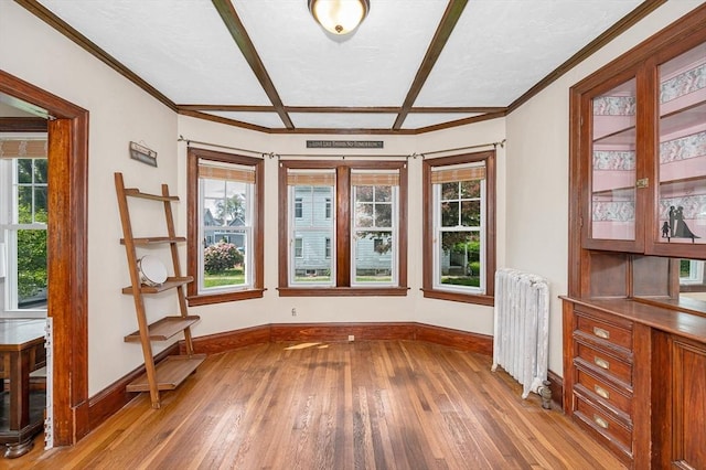 89 Merrill Ave, Lowell, MA 01850 - unfurnished dining area featuring radiator, wood-type flooring, baseboards, healthy amount of natural light, and crown molding