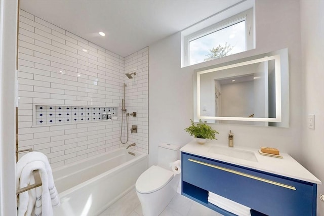 bathroom featuring  shower combination, toilet, vanity, and tile patterned floors