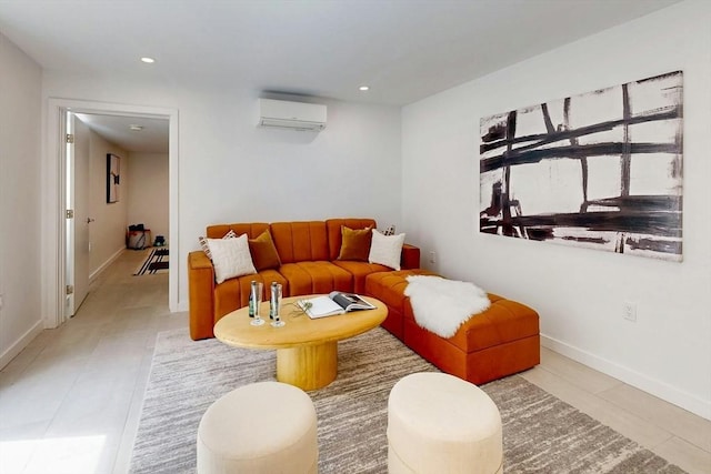 tiled living area with a wall unit AC, baseboards, and recessed lighting