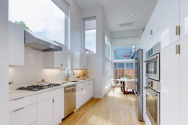 kitchen featuring stainless steel appliances, a sink, under cabinet range hood, light wood-style floors, and light countertops
