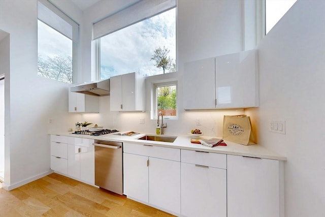 kitchen featuring a sink, appliances with stainless steel finishes, light wood-style flooring, under cabinet range hood, and white cabinetry